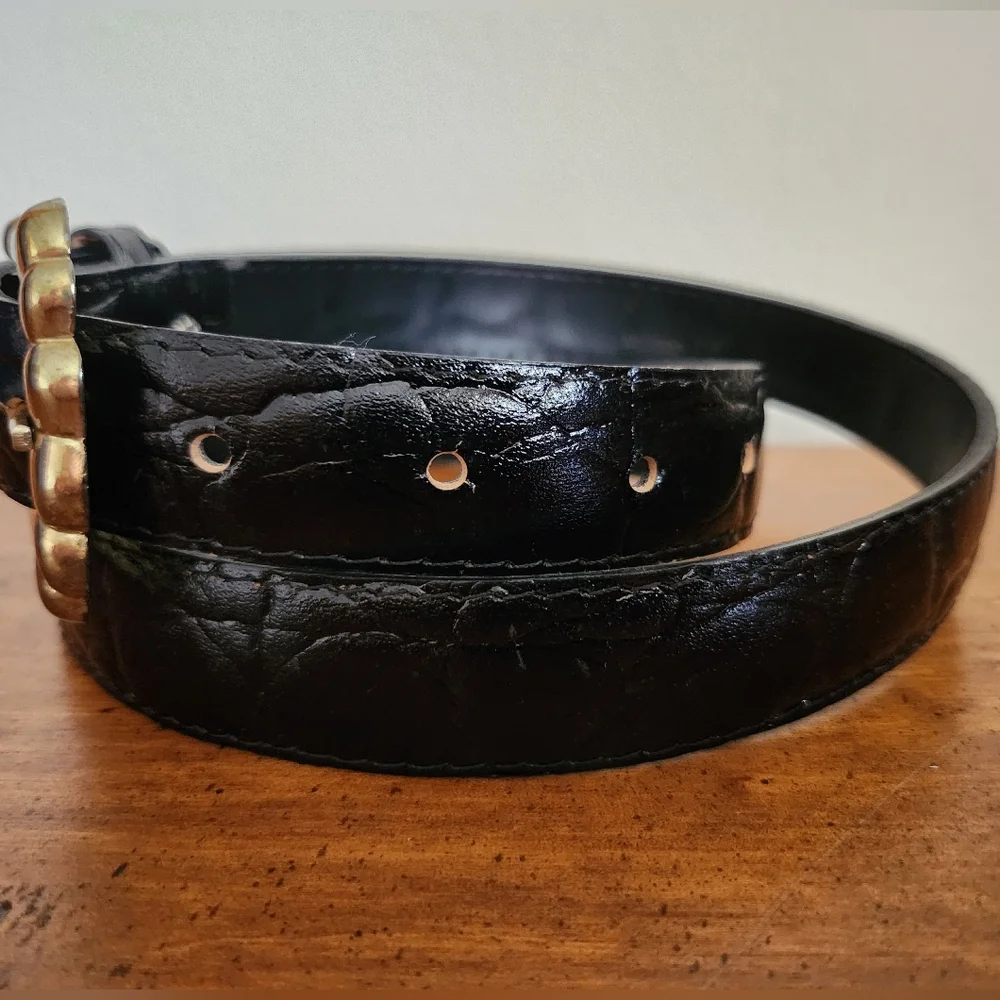 Mexico Dark Brown Faux Leather Textured Belt Gold Tone Metal Buckle